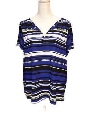 Elle Womens Striped Short Sleeve Top Large Blue & Black Polyester Spandex Blend